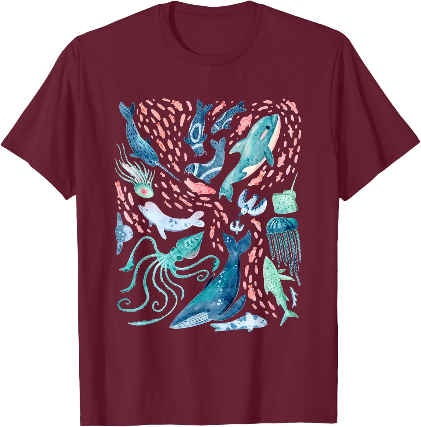 Watercolor Arctic Whales Fish Beluga Narwhal Squid Jellyfish T-Shirt - T-Shirt | Maroon