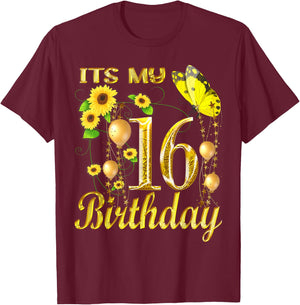 Its My 16th Birthday 16 Year Old Girl Sunflower Butterfly T-Shirt - T-Shirt | Maroon
