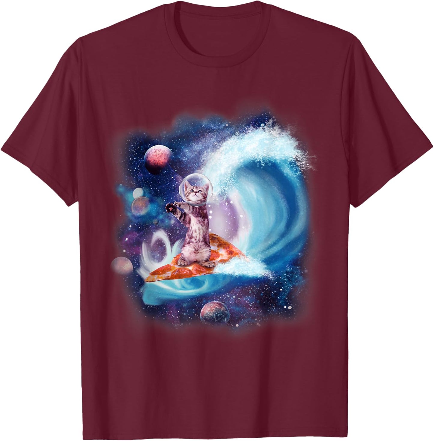 Cat Wearing Helmet Surfing On Pizza Surfboard Funny Men Women Kids T-Shirt - T-Shirt | Maroon