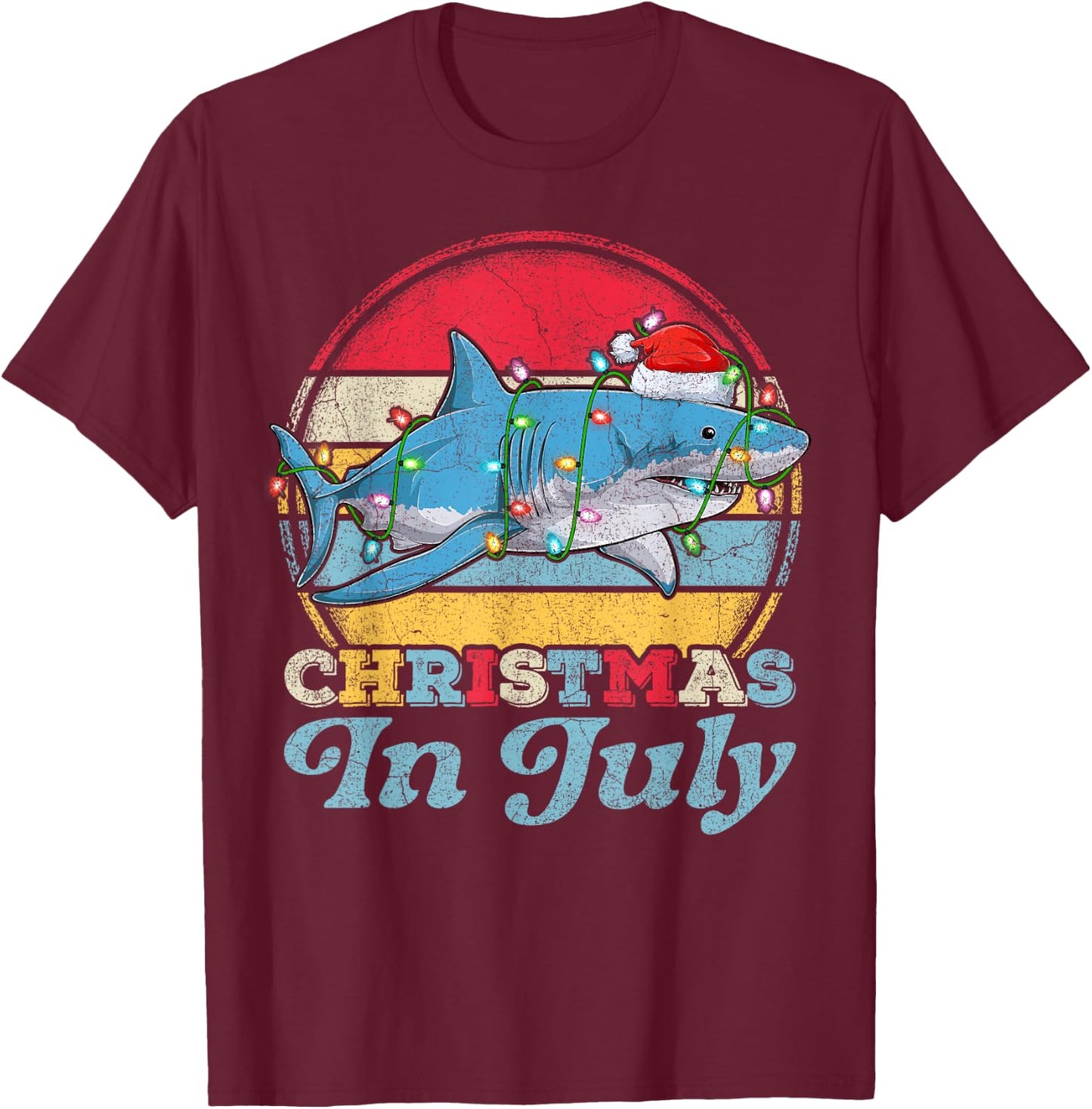 Lighting Shark Lover Vintage Retro Shark Christmas In July T-Shirt - T-Shirt | Maroon
