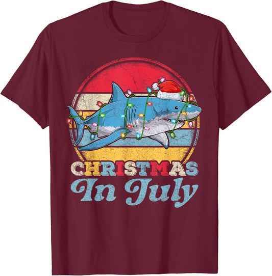 Lighting Shark Lover Vintage Retro Shark Christmas In July T-Shirt - T-Shirt | Maroon
