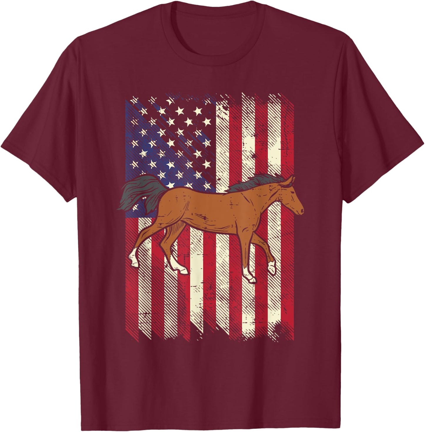 American Flag Horse Vintage Patriotic Equestrian Men Women T-Shirt - T-Shirt | Maroon