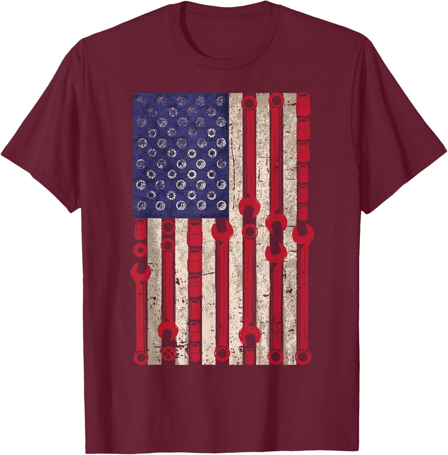 USA Flag Wrench Tools 4th of July Patriotic Mechanic T-Shirt - T-Shirt | Maroon