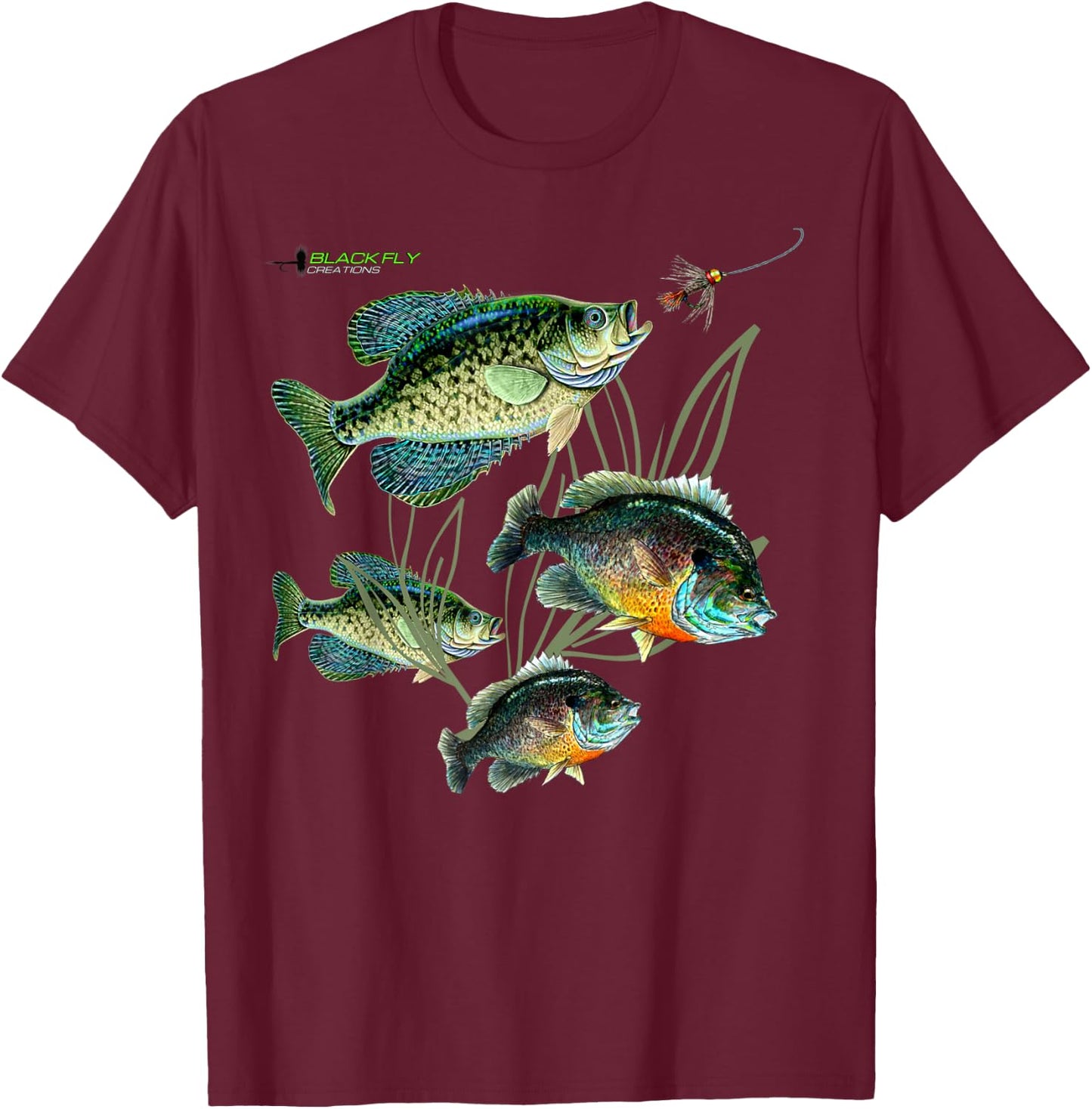 Crappie Bluegill Fishing Shirts Black Fly T-Shirt - T-Shirt | Maroon