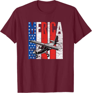 American Flag Merica Aviation Pilot 4th Of July Airplane T-Shirt - T-Shirt | Maroon