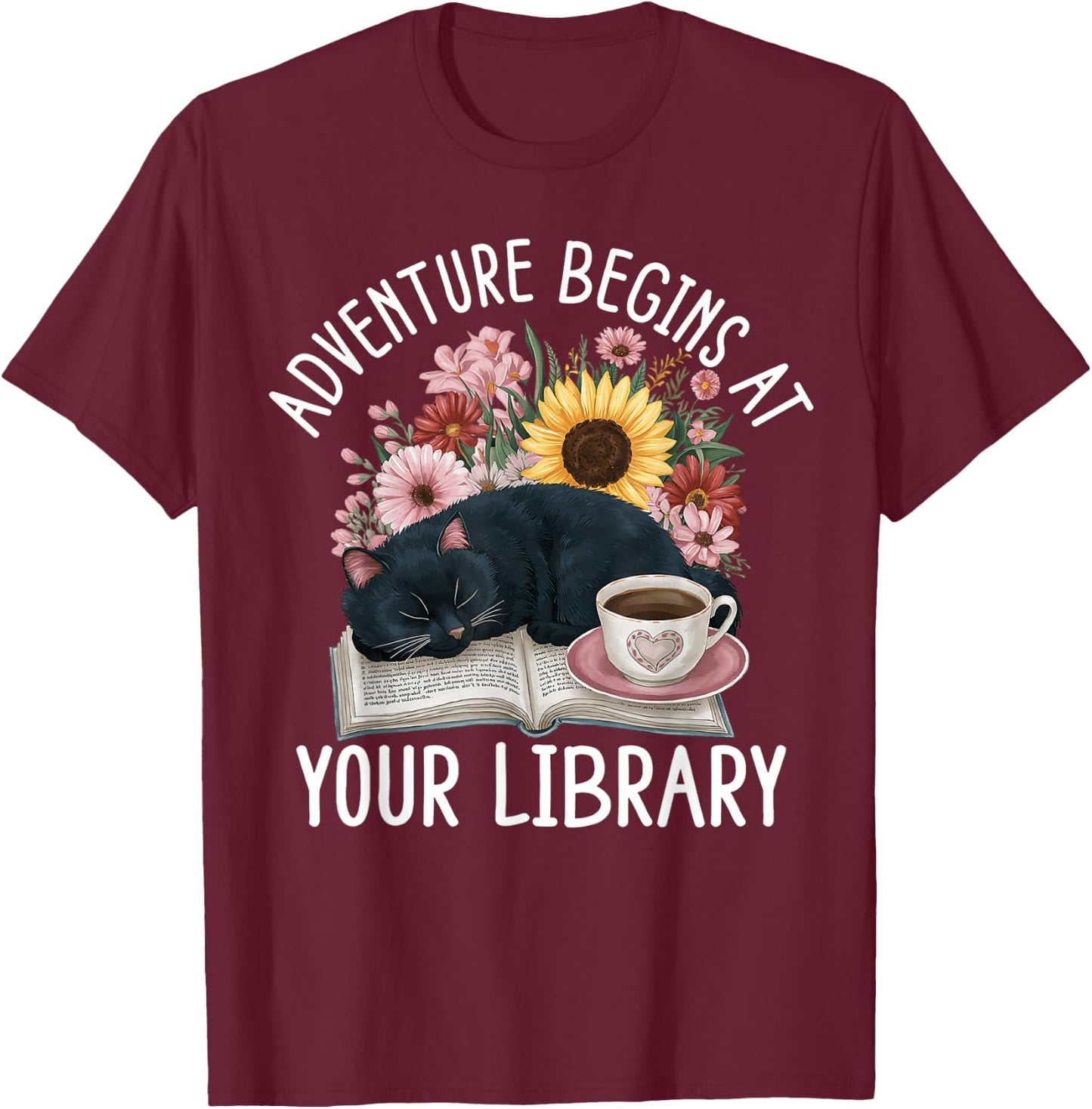 Adventure Begins At Your Library Summer Reading 2024 Cat T-Shirt - T-Shirt | Maroon