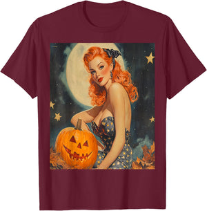 Retro Vintage Pumpkin Halloween Pinup Girl Model Posing Art T-Shirt - T-Shirt | Maroon