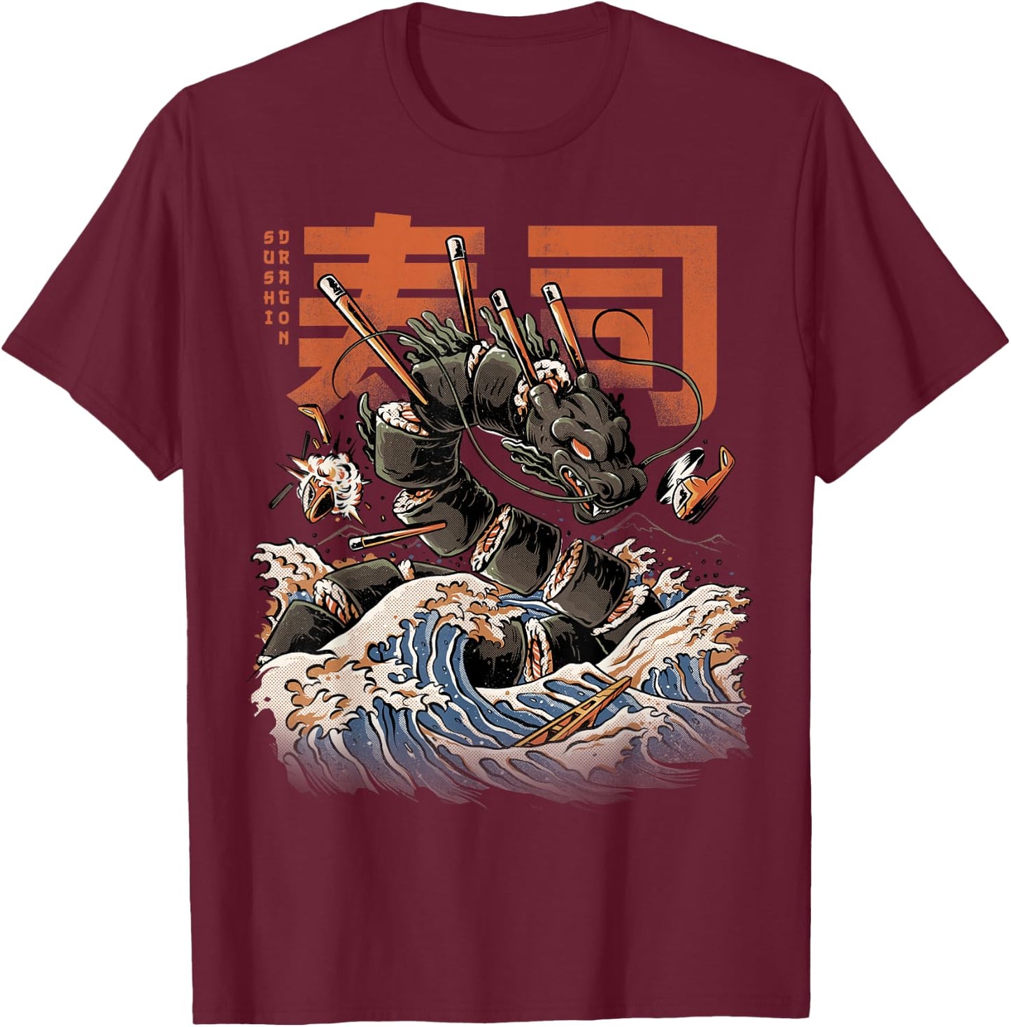 Great Sushi Dragon Japanese Food Kawaii Dragon Anime T-Shirt - T-Shirt | Maroon