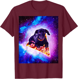 Outer Space Galaxy Dog Riding Pizza T-Shirt - T-Shirt | Maroon