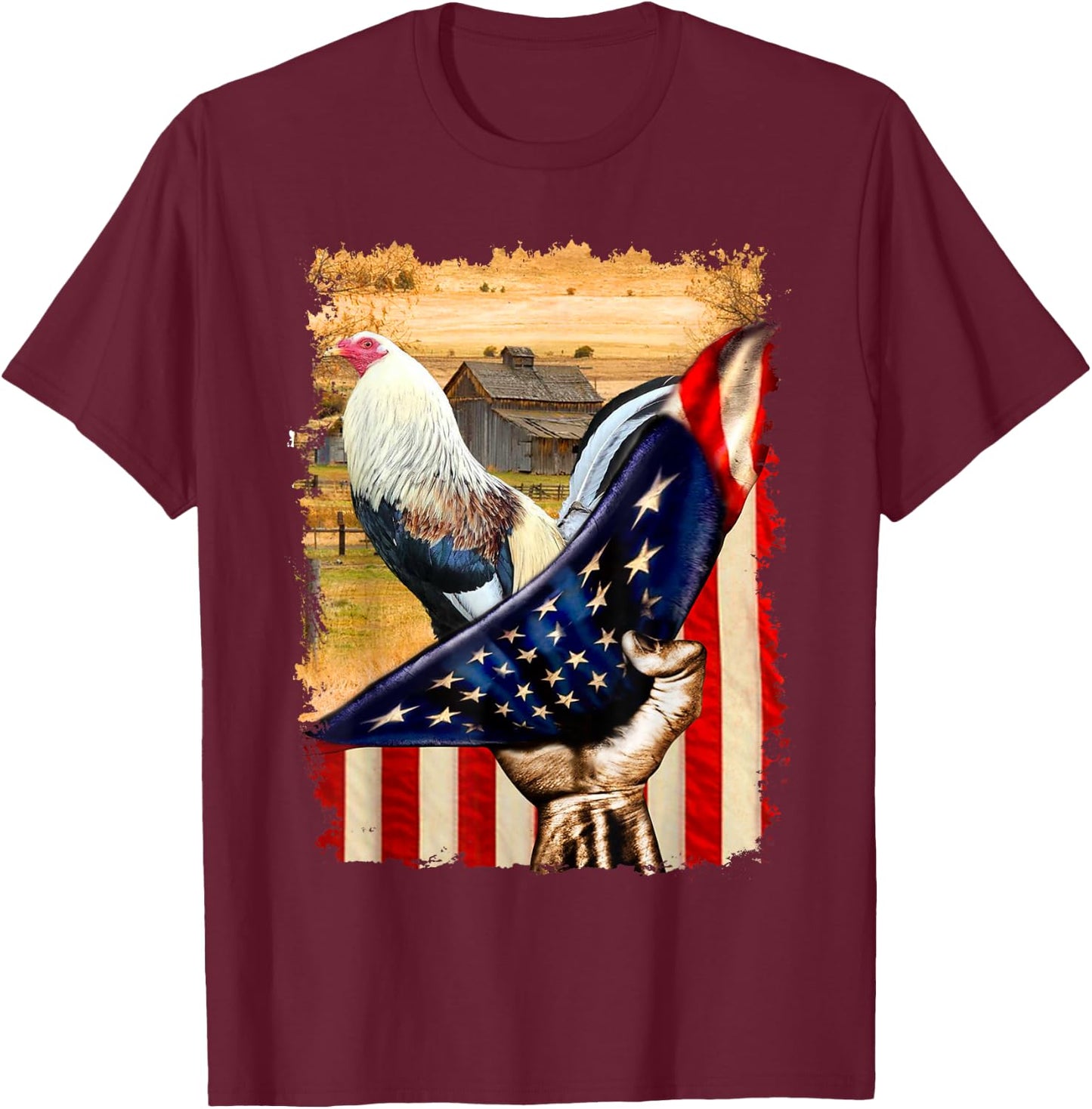 Rooster Shirt US Flag Cock Fight T-Shirt - T-Shirt | Maroon