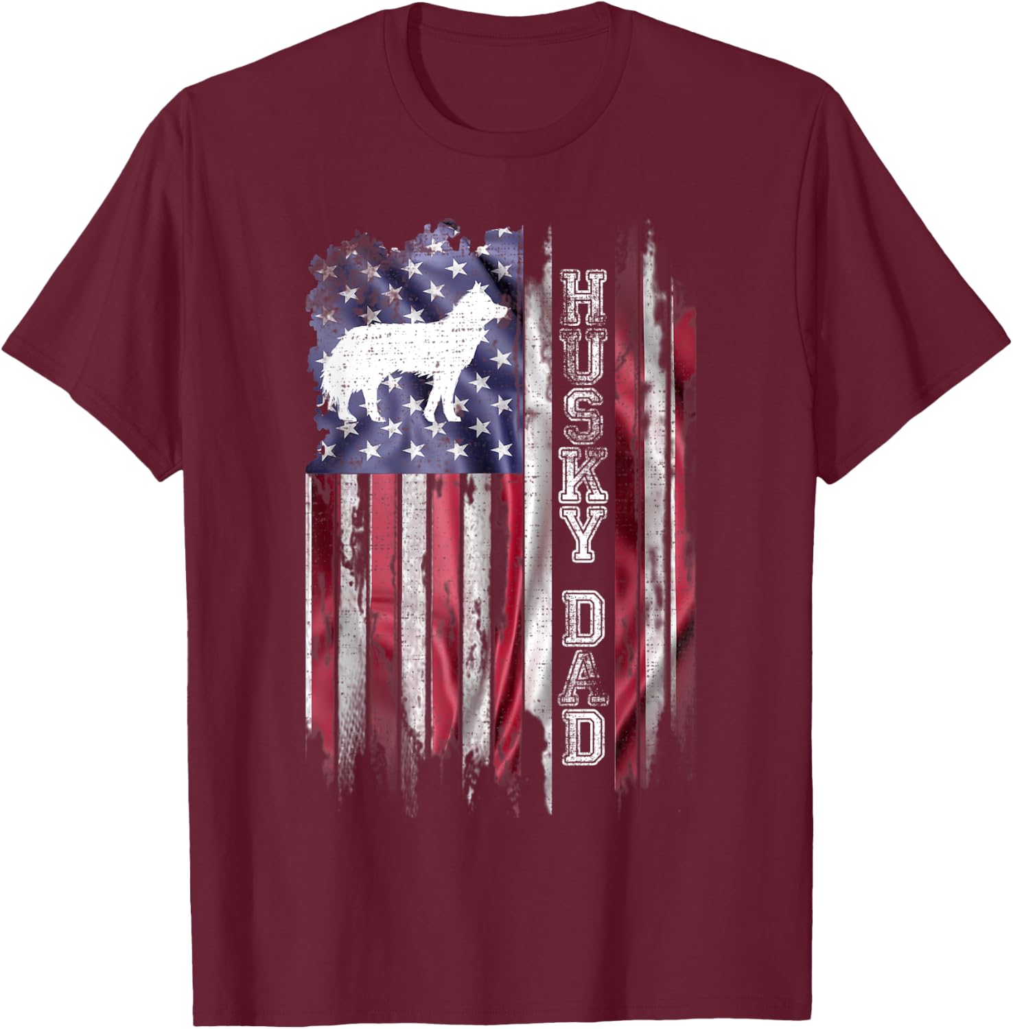 Vintage USA Flag Proud Siberian Husky Dog Dad Silhouette T-Shirt - T-Shirt | Maroon