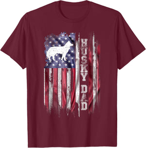 Vintage USA Flag Proud Siberian Husky Dog Dad Silhouette T-Shirt - T-Shirt | Maroon