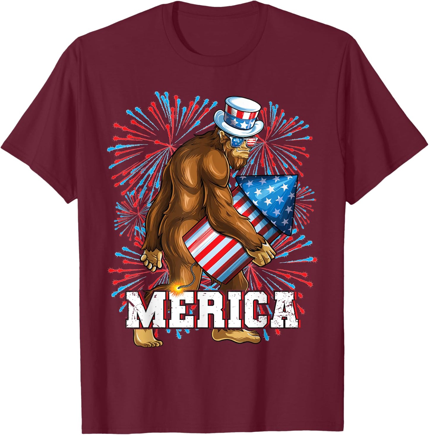 Bigfoot Fireworks 4th of July Boys Men Merica T-Shirt - T-Shirt | Maroon