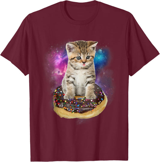 Space Donut Cat Shirt | Flying Kitty Galaxy T Shirt Men Women Kids T-Shirt - T-Shirt | Maroon