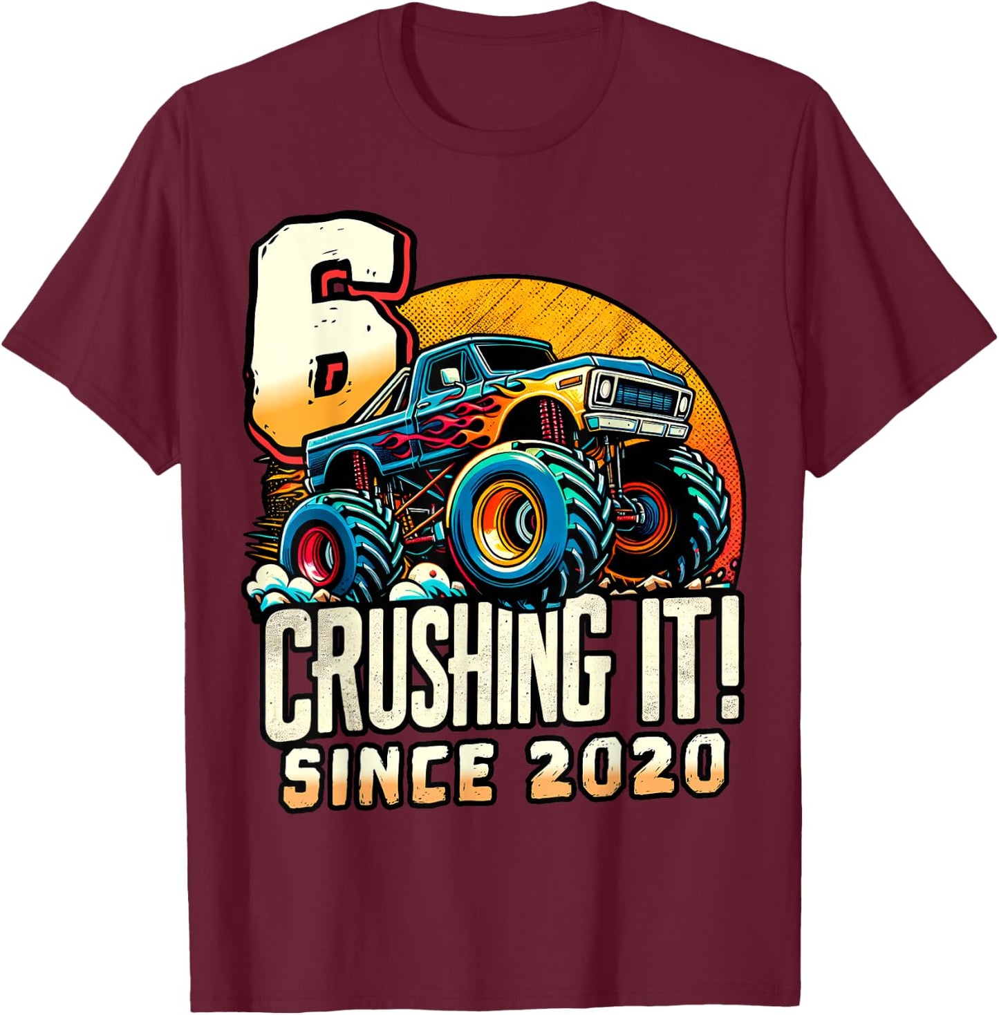 Birthday Monster Truck 6 Year Old Boys 6th Party Born 2020 T-Shirt - T-Shirt | Maroon