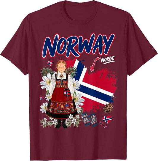 Norwegian Flag Idea for Girls Norge Norway Culture Themed T-Shirt - T-Shirt | Maroon