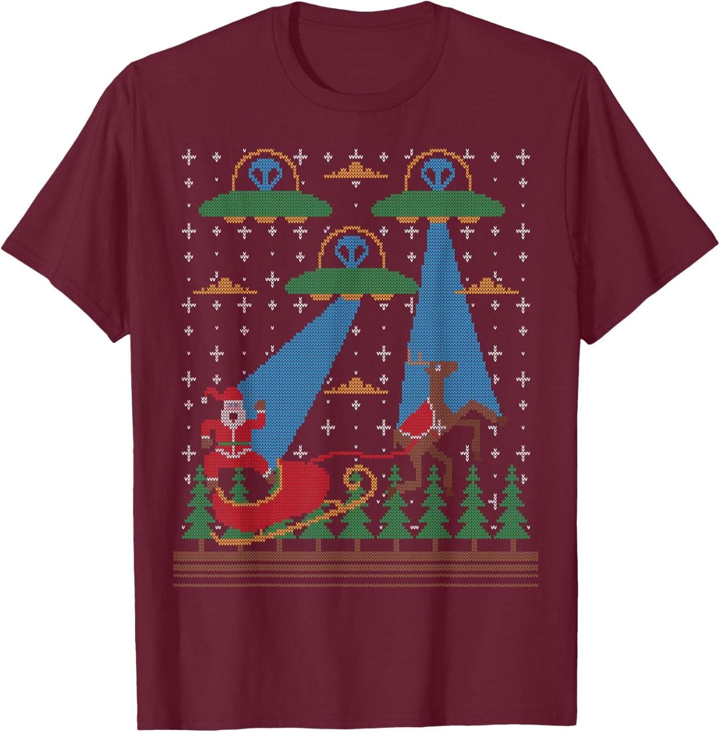 Santa Claus Alien Invasion Space UFO Ugly Christmas Sweater T-Shirt - T-Shirt | Maroon