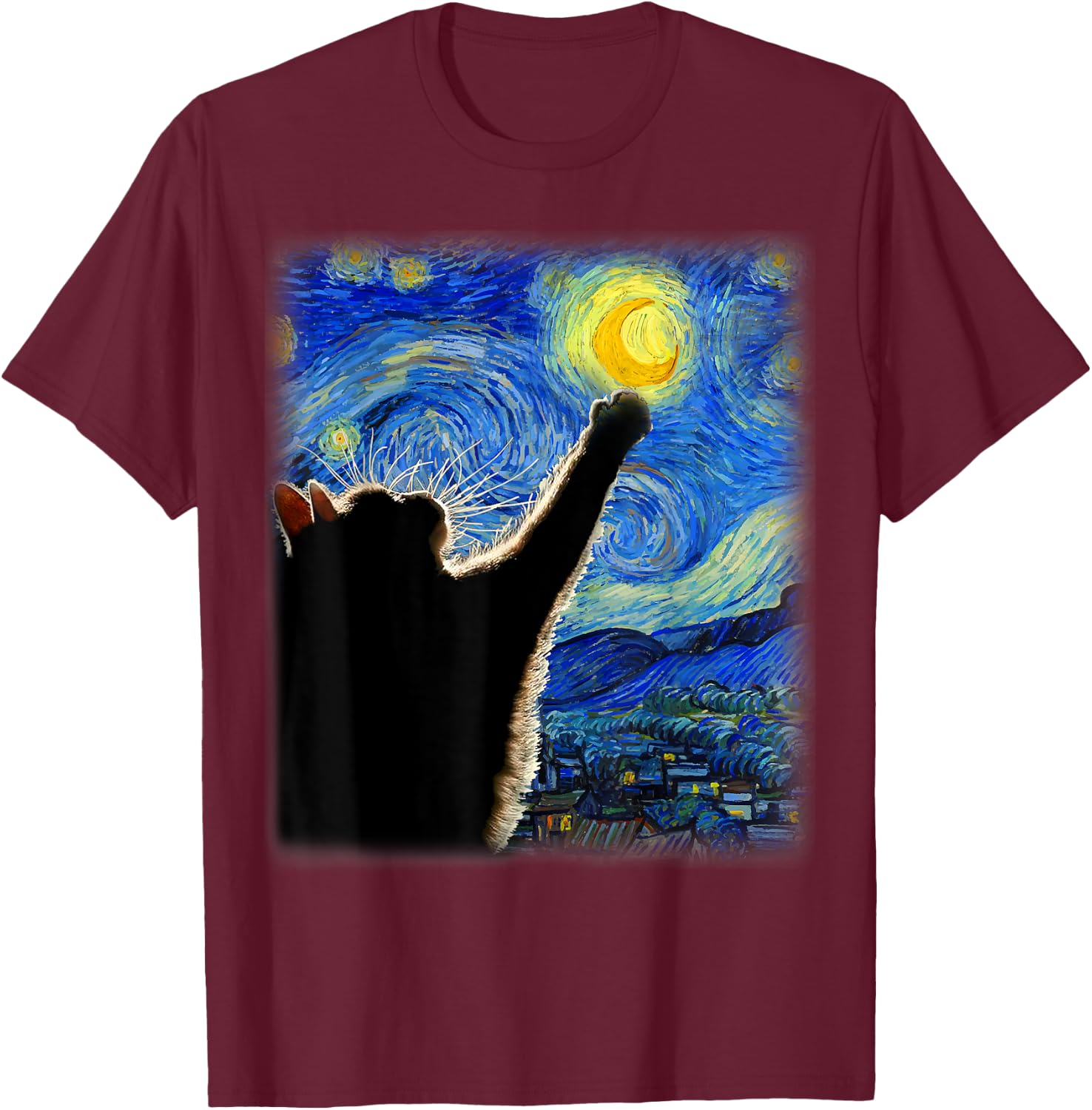 Van Gogh Starry Night Cat - Classic Fit, Cat Lover/Mom/Dad Gift, Black T-Shirt - T-Shirt | Maroon