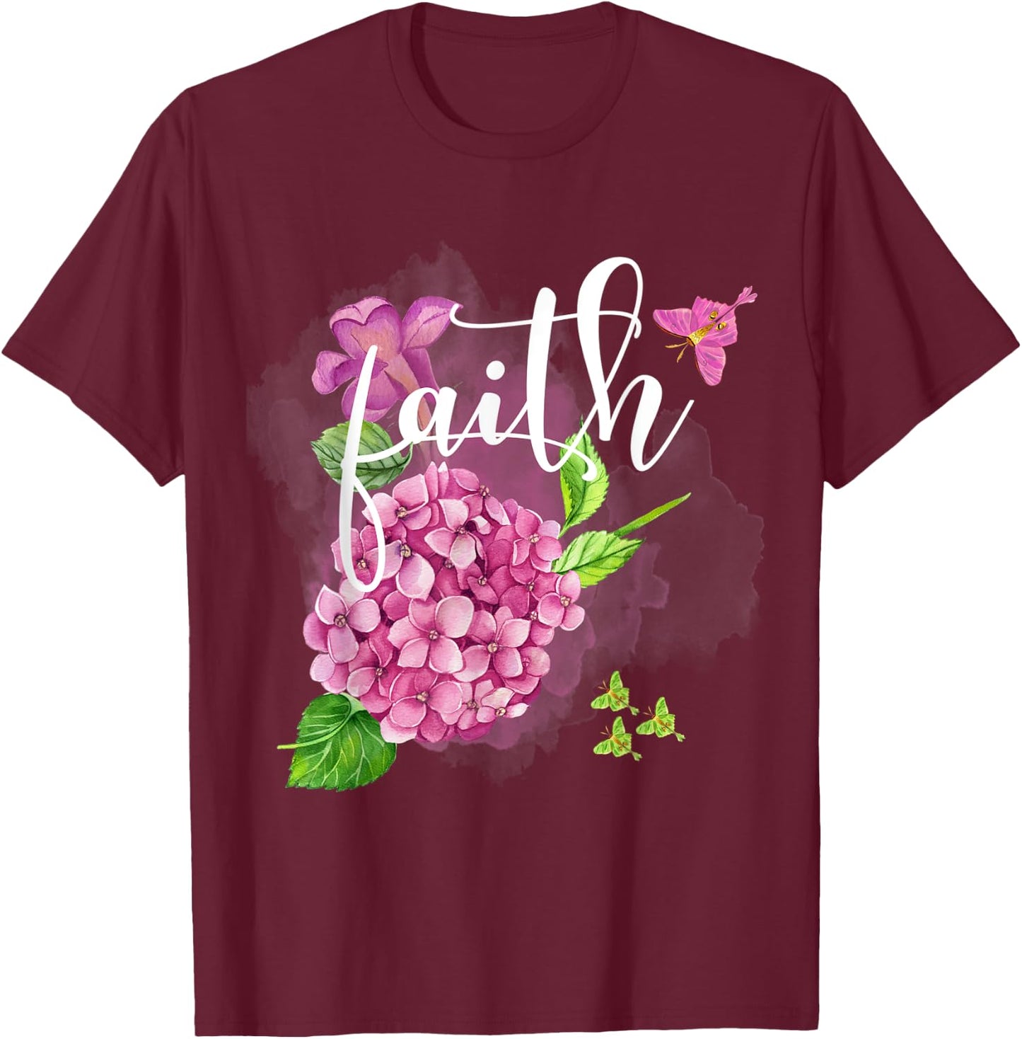 Faith Floral Pretty Hydrangea With Butterfly's Christian T-Shirt - T-Shirt | Maroon
