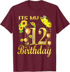 Its My 12th Birthday 12 Year Old Girl Sunflower Butterfly T-Shirt - T-Shirt | Maroon