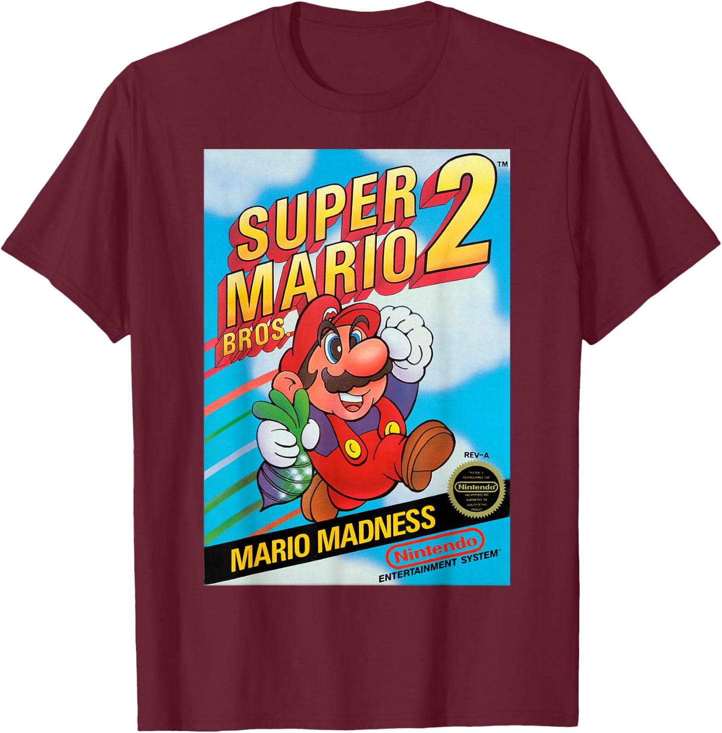 Super Mario Bros 2 Retro Box Art Graphic T-Shirt - T-Shirt | Maroon