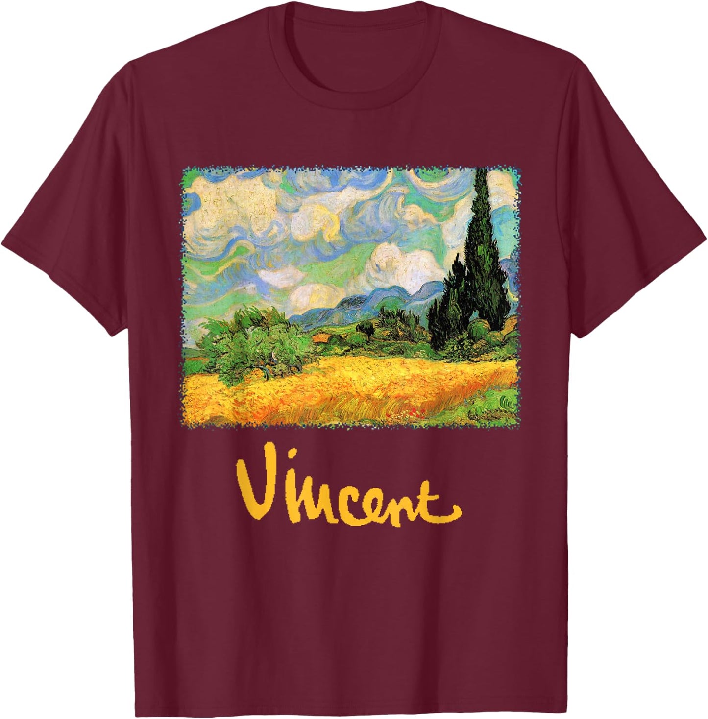 Wheat Field with Cypress Haute Galline by Vincent van Gogh T-Shirt - T-Shirt | Maroon