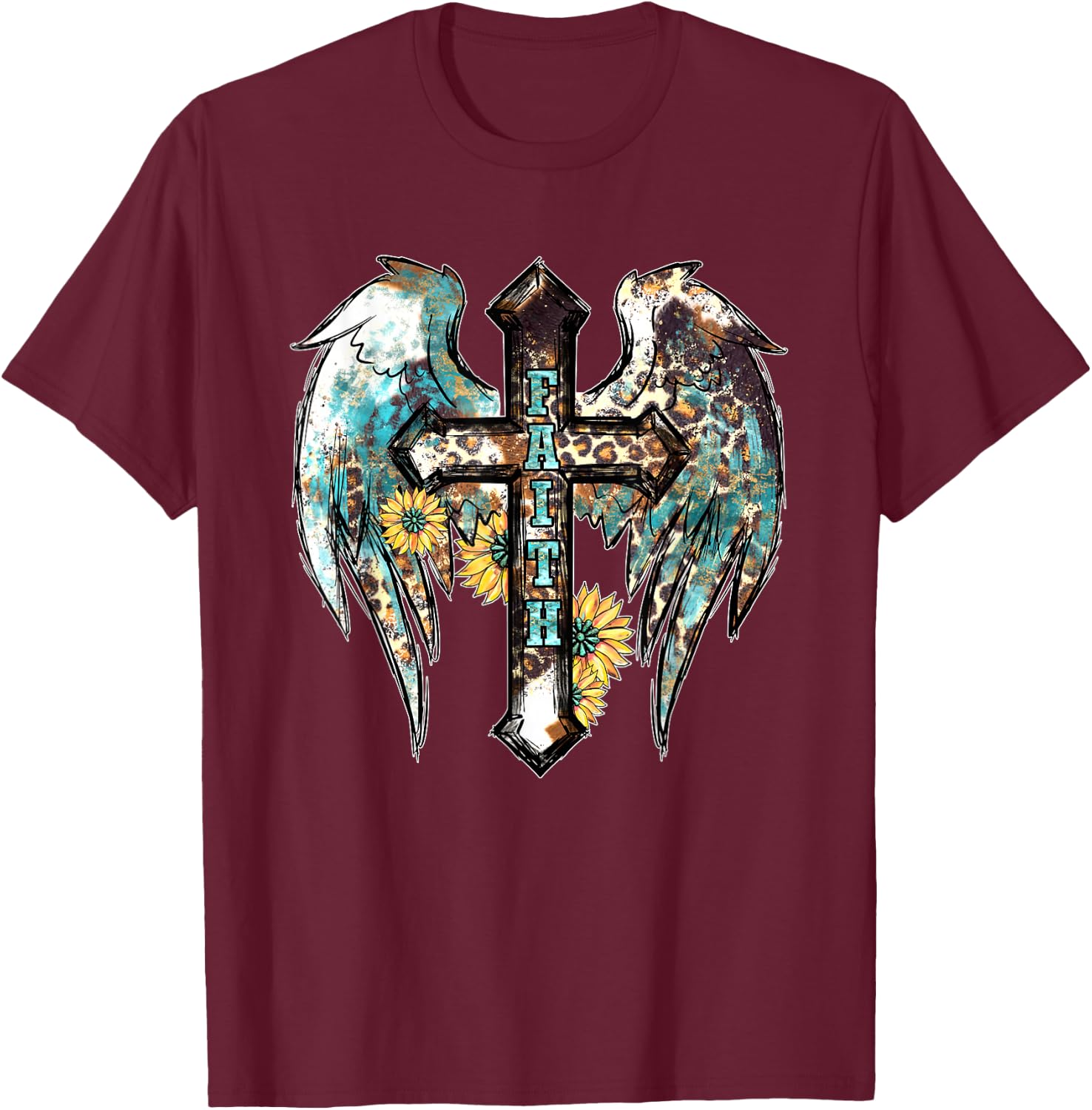 Christian Western Cross With Sunflower Decor Faith T-Shirt - T-Shirt | Maroon