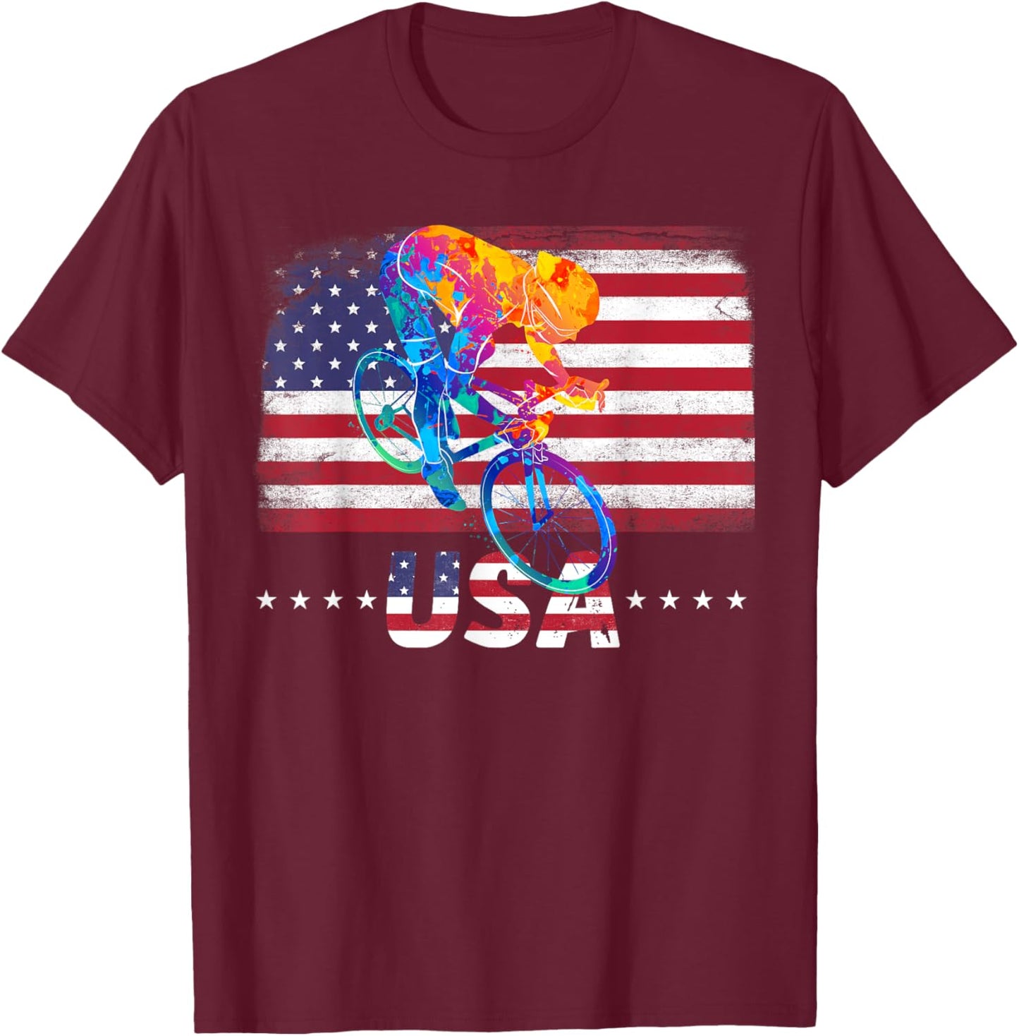 American Flag Cycling abstract colors USA Patriotic Team T-Shirt - T-Shirt | Maroon