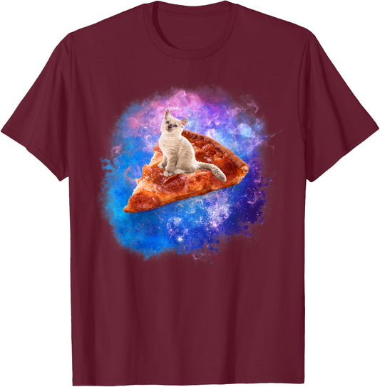 Galaxy Cat Riding A Pizza Men Women Kids T-Shirt - T-Shirt | Maroon