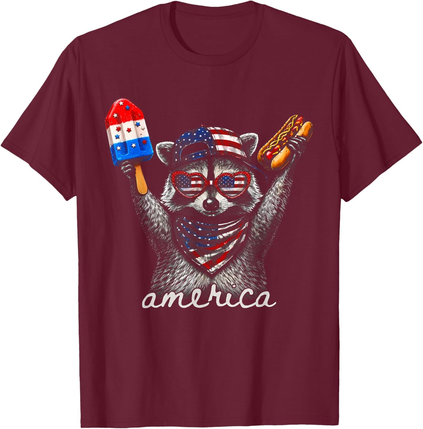 America Raccoon Ice Cream & Hot Dog 1776-2026 4th of July T-Shirt - T-Shirt | Maroon