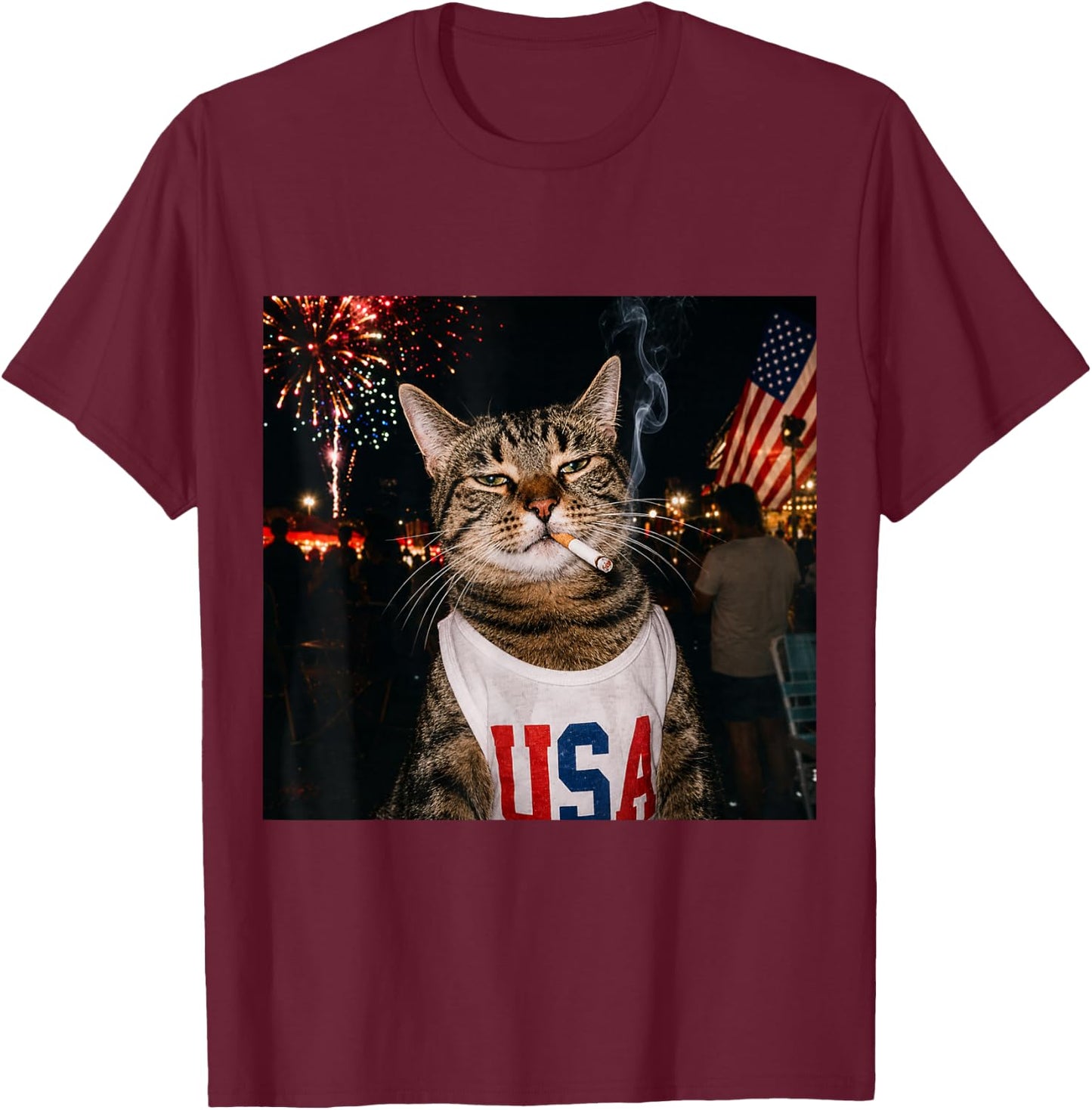 Funny Patriotic Smoking Cat Meme Vintage 4th of July 250 T-Shirt - T-Shirt | Maroon