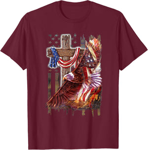 Cross Christian Jesus Eagle Flag American T-Shirt - T-Shirt | Maroon