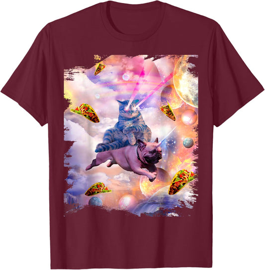 Cosmic Laser Cat Riding Unicorn Pug T-Shirt - T-Shirt | Maroon