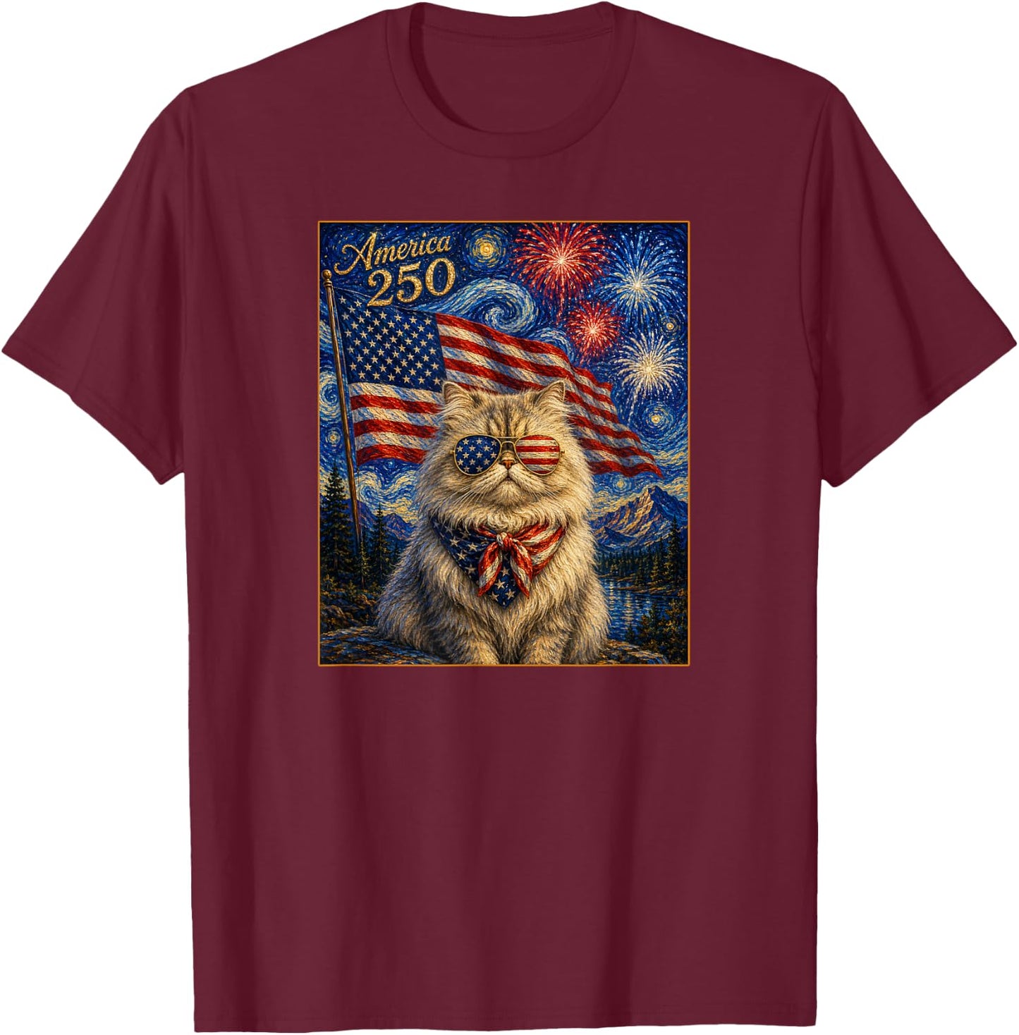 Persian Cat Art America 250 Anniversay 4th of July USA Flag T-Shirt - T-Shirt | Maroon