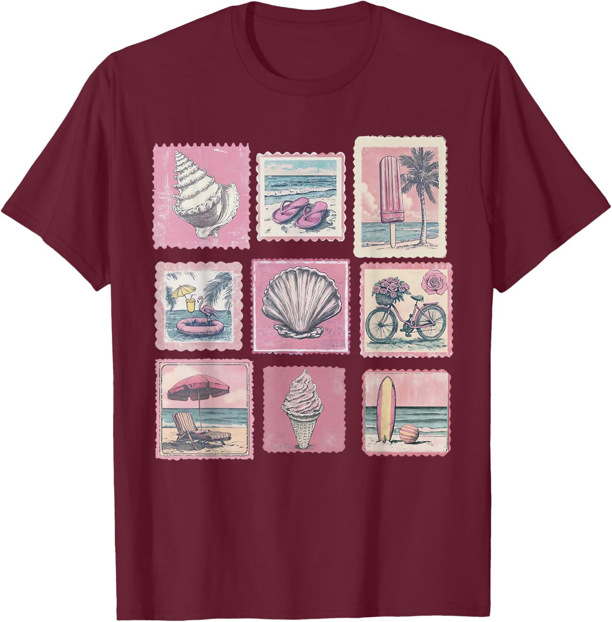 Vintage Pink Coastal Beach Summer Vacation Stamps Sea Lovers T-Shirt - T-Shirt | Maroon
