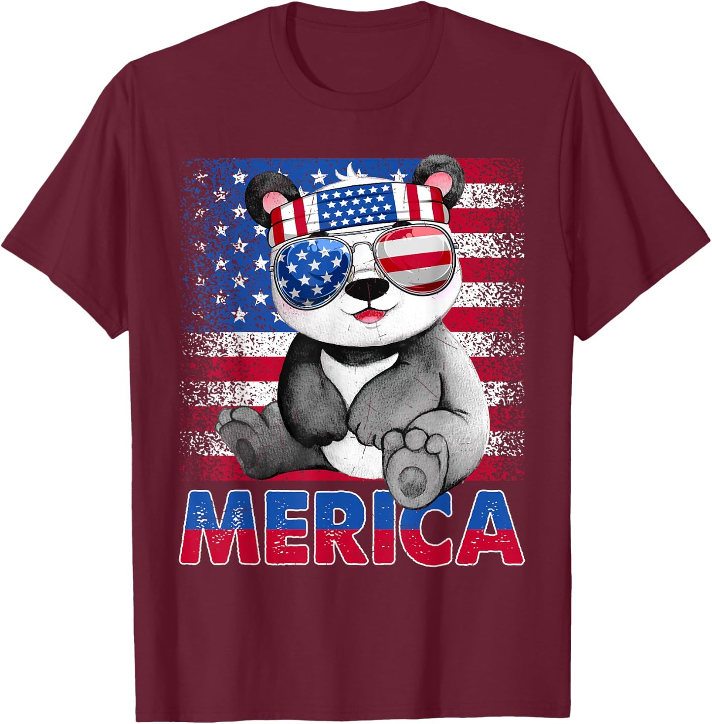 Funny Merica Panda Bear With USA Flag Headband 4th Of July Women Kids Men T-Shirt - T-Shirt | Maroon