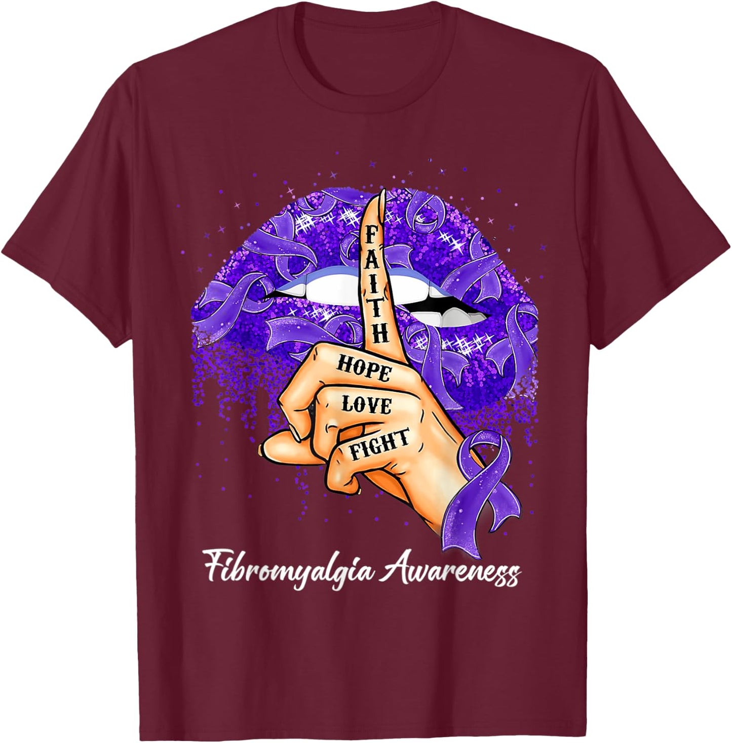 Faith Hope Love Fight Purple Ribbon Fibromyalgia Awareness T-Shirt - T-Shirt | Maroon