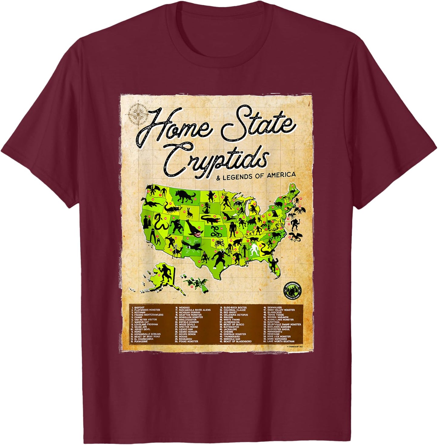 Home State Cryptids & Legends of America Cryptozoology Map T-Shirt - T-Shirt | Maroon