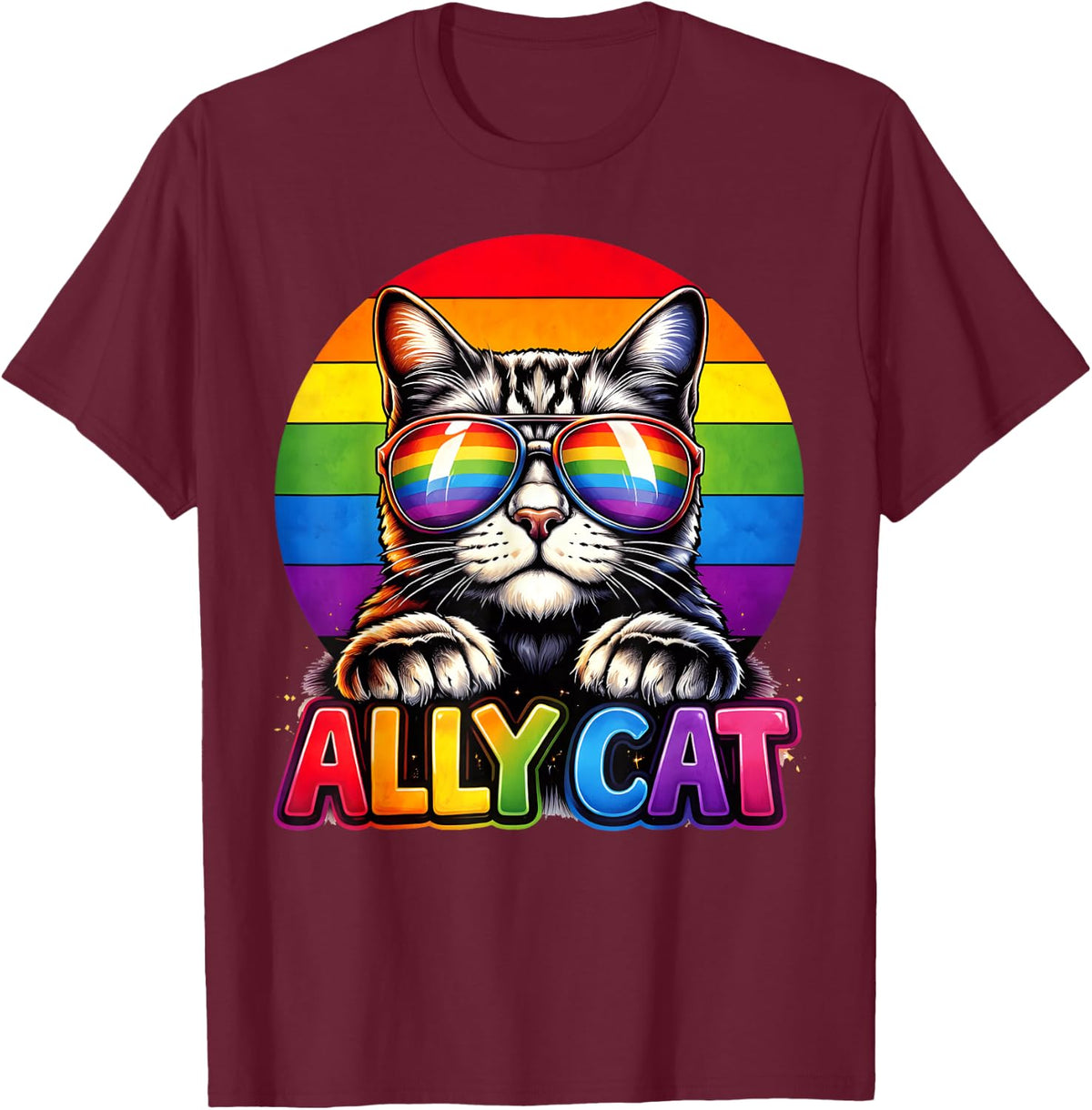 Cute Ally Cat Rainbow Pride Cat Lovers LGBT Men Women T-Shirt - T-Shirt | Maroon