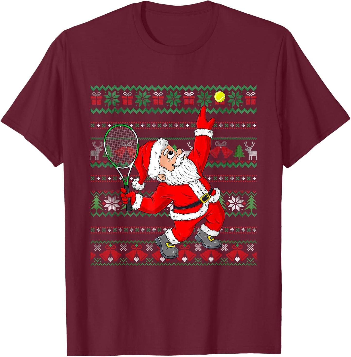 Christmas Santa Claus Tennis Funny Sport Lover Ugly Xmas T-Shirt - T-Shirt | Maroon