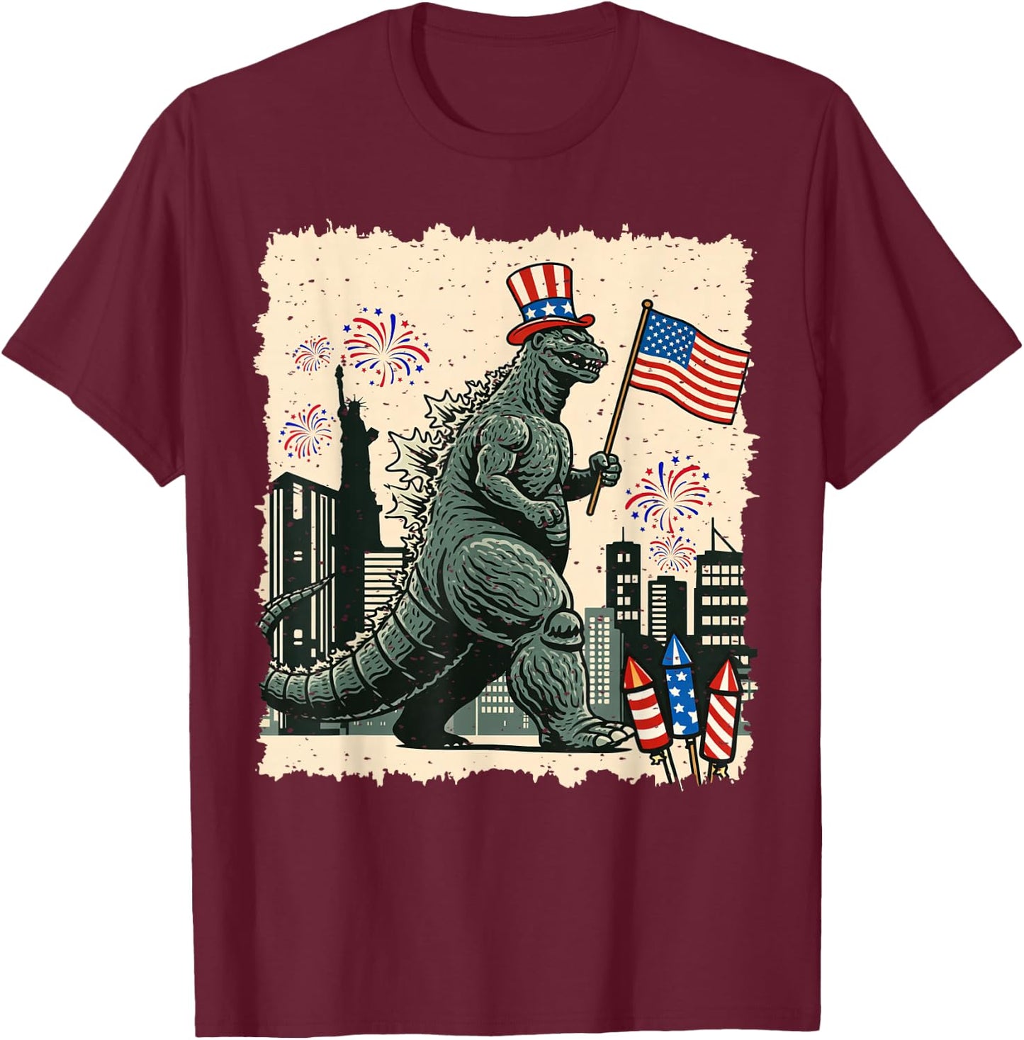 Kaiju Monster Japanese Art USA Flag Patriotic 4th of July T-Shirt - T-Shirt | Maroon