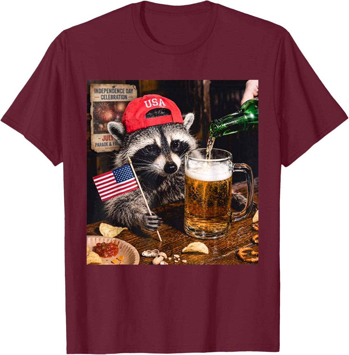 Funny Raccoon Drinking Beer Patriotic USA Flag 4th of July T-Shirt - T-Shirt | Maroon