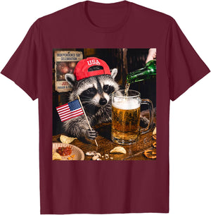 Funny Raccoon Drinking Beer Patriotic USA Flag 4th of July T-Shirt - T-Shirt | Maroon