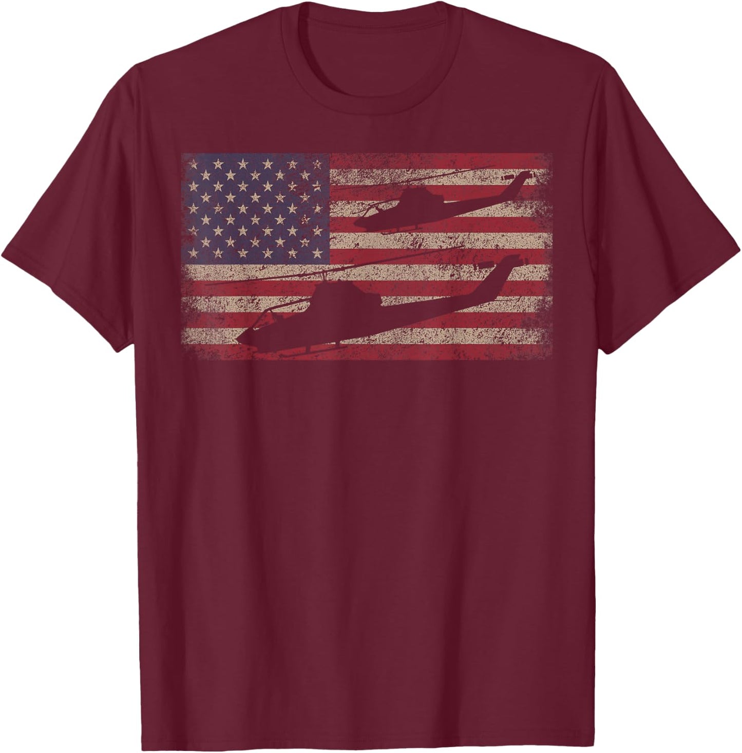 AH1 Cobra Helicopter Military USA American Flag T-Shirt - T-Shirt | Maroon