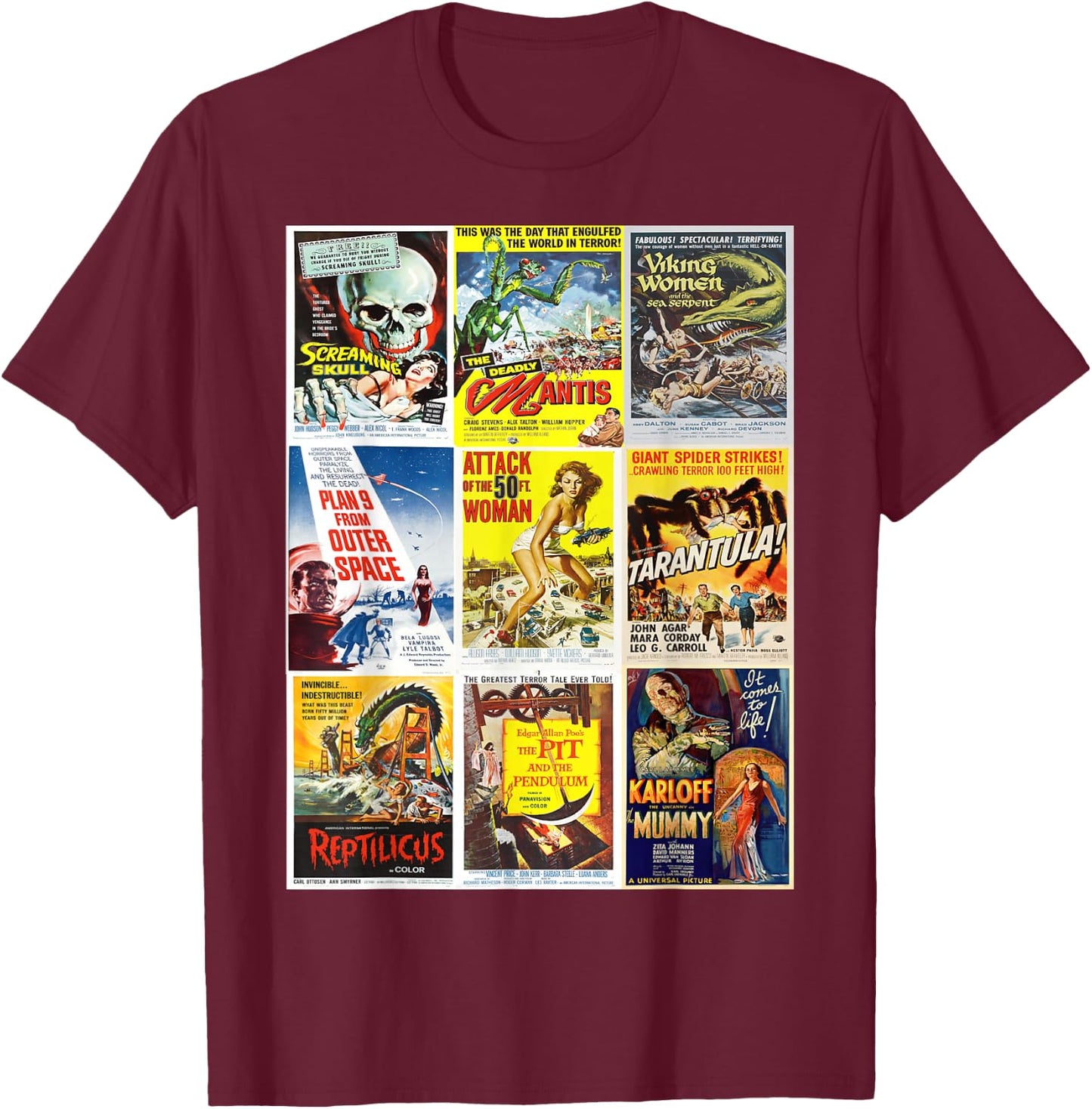 B Movie Poster Collection, Classic Sci-Fi Horror Monsters T-Shirt - T-Shirt | Maroon