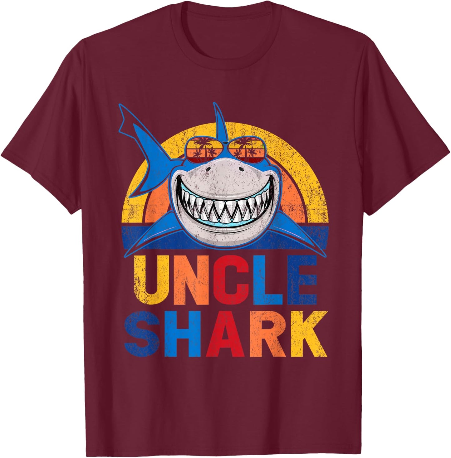 Uncle Shark Retro Pajamas Father Day Uncle Shark T-Shirt - T-Shirt | Maroon
