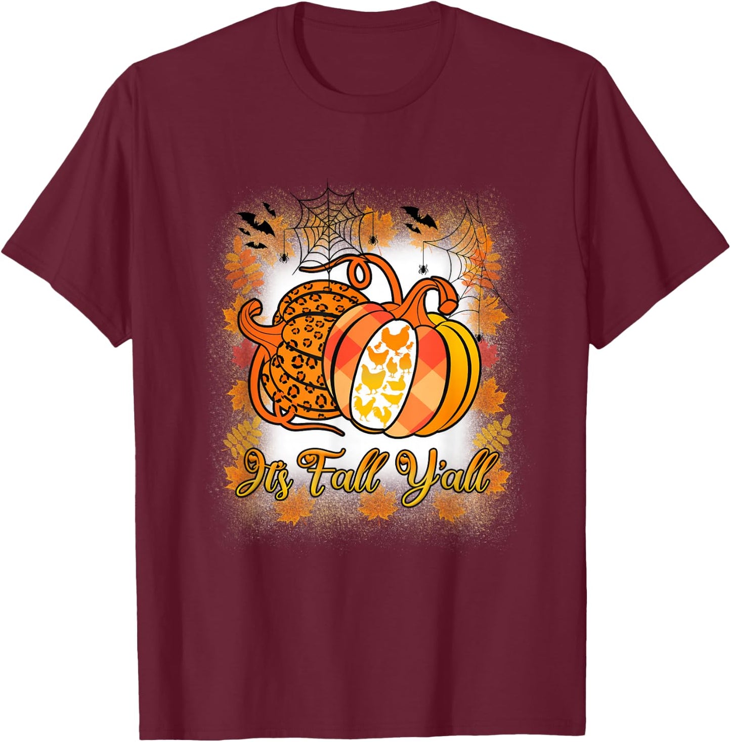 It’s Fall Y’all Pumpkin Leopard Print Chicken Halloween T-Shirt - T-Shirt | Maroon