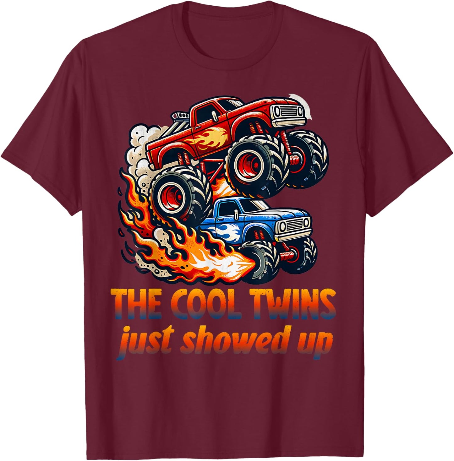 Cool Twins Just Showed Up Retro Monster Trucks Twin Boys T-Shirt - T-Shirt | Maroon