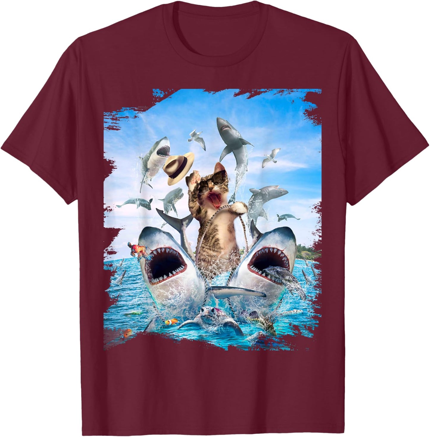 Cat Riding Shark, Beach Ocean Cats Sharks, Sunglasses Funny T-Shirt - T-Shirt | Maroon
