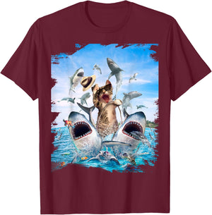 Cat Riding Shark, Beach Ocean Cats Sharks, Sunglasses Funny T-Shirt - T-Shirt | Maroon